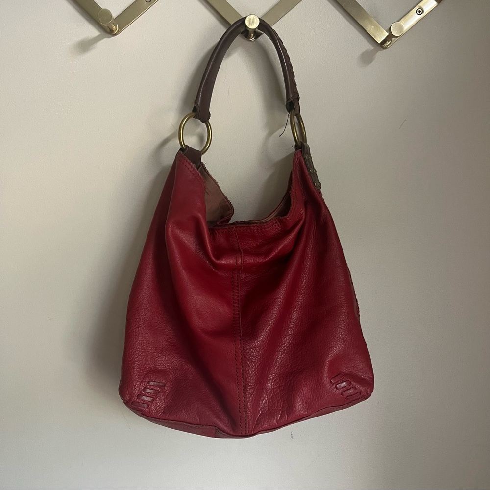 Lucky Brand Vintage Inspired Penny Whipstitch Red Leather Hobo Shoulder Bag - Picture 2 of 10